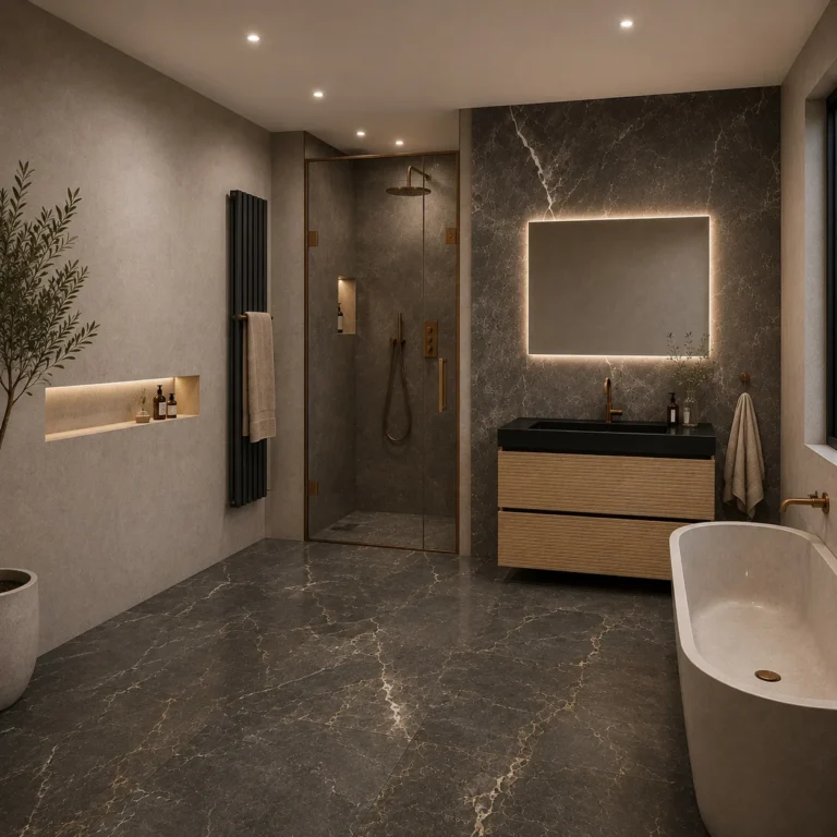 Luxe badkamer met grootformaat marmerlook SPC-panelen, bronzen regendouche en vrijstaand bad