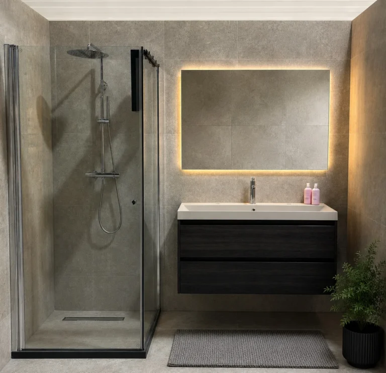 Complete badkamer met betonlook tegels, matzwart kraanwerk en een douchecabine met regendouche