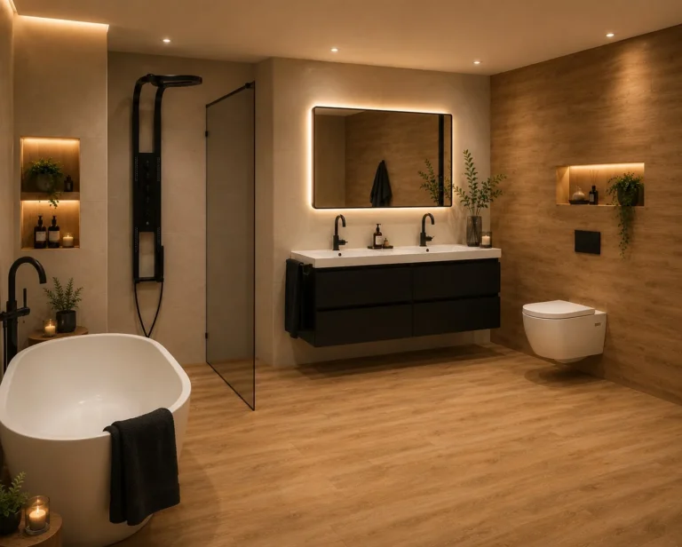 Complete badkamer met houtlook tegels, een vrijstaand bad en matzwart kraanwerk